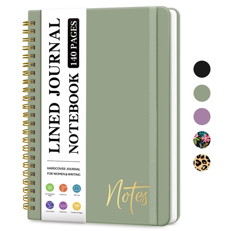 ZOTIA Lined Spiral Journal Notebook for Women  A5 College Ruled Journals for Writing  Hardcover Notebooks for Work  Note taking and Office School Supplies 140 Pages - Green - Image 1